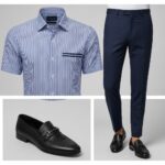 Blue & White Lining Housekeeping Shirt With Navy Blue Trim - Image 2